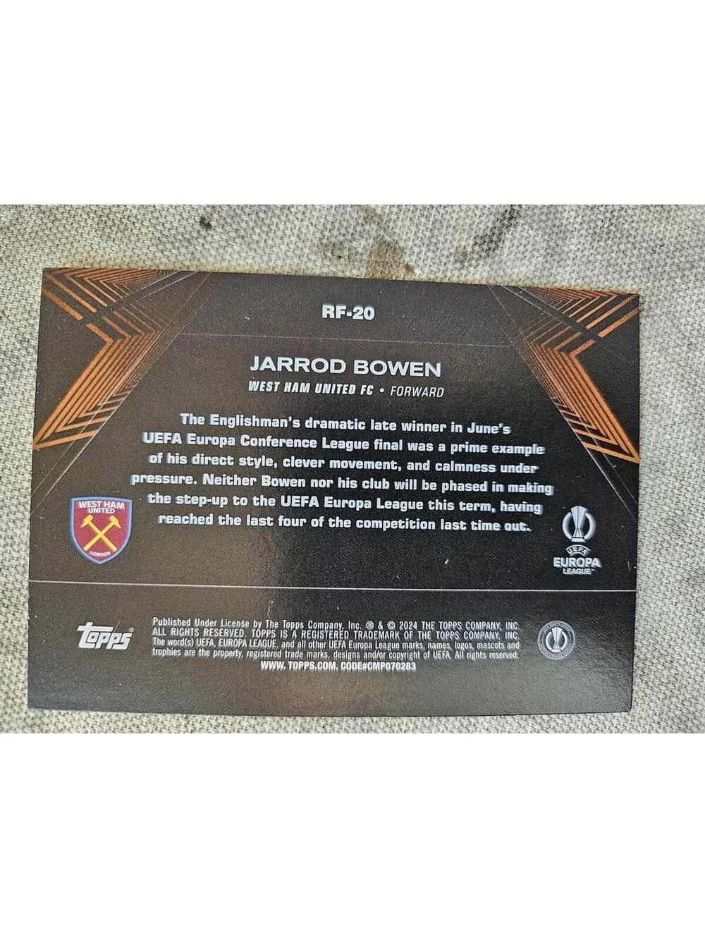 2023-24 Topps UEFA Club Competitions #RF-20 Jarrod Bowen Road to the Final
